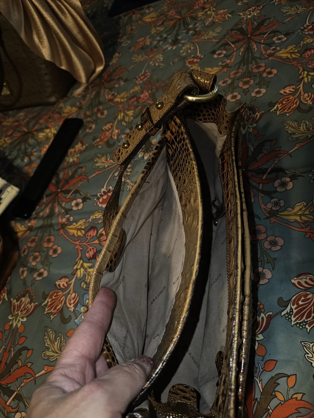Brahmin Croc-Embossed Tan Satchel with Gold Plaque